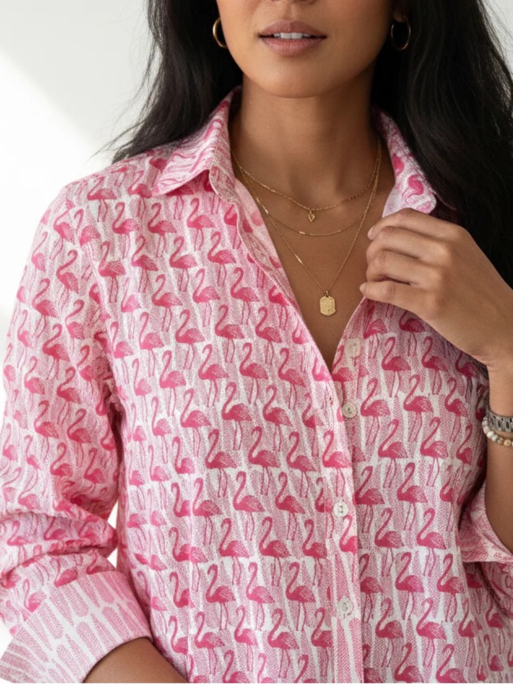 Beach to Bistro by Sigrid Olsen Artisan Shirt Pink Flamingo Print
